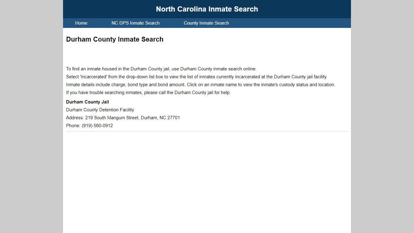 Durham County Inmate Search - North Carolina Inmate Search